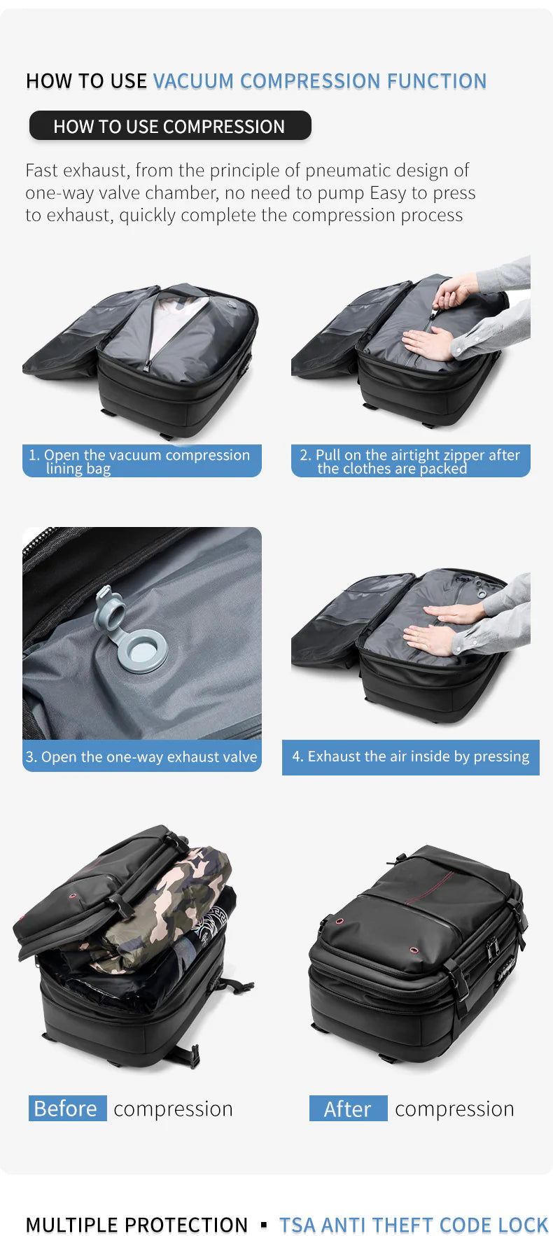 how to use vacuum compression backpack storage system