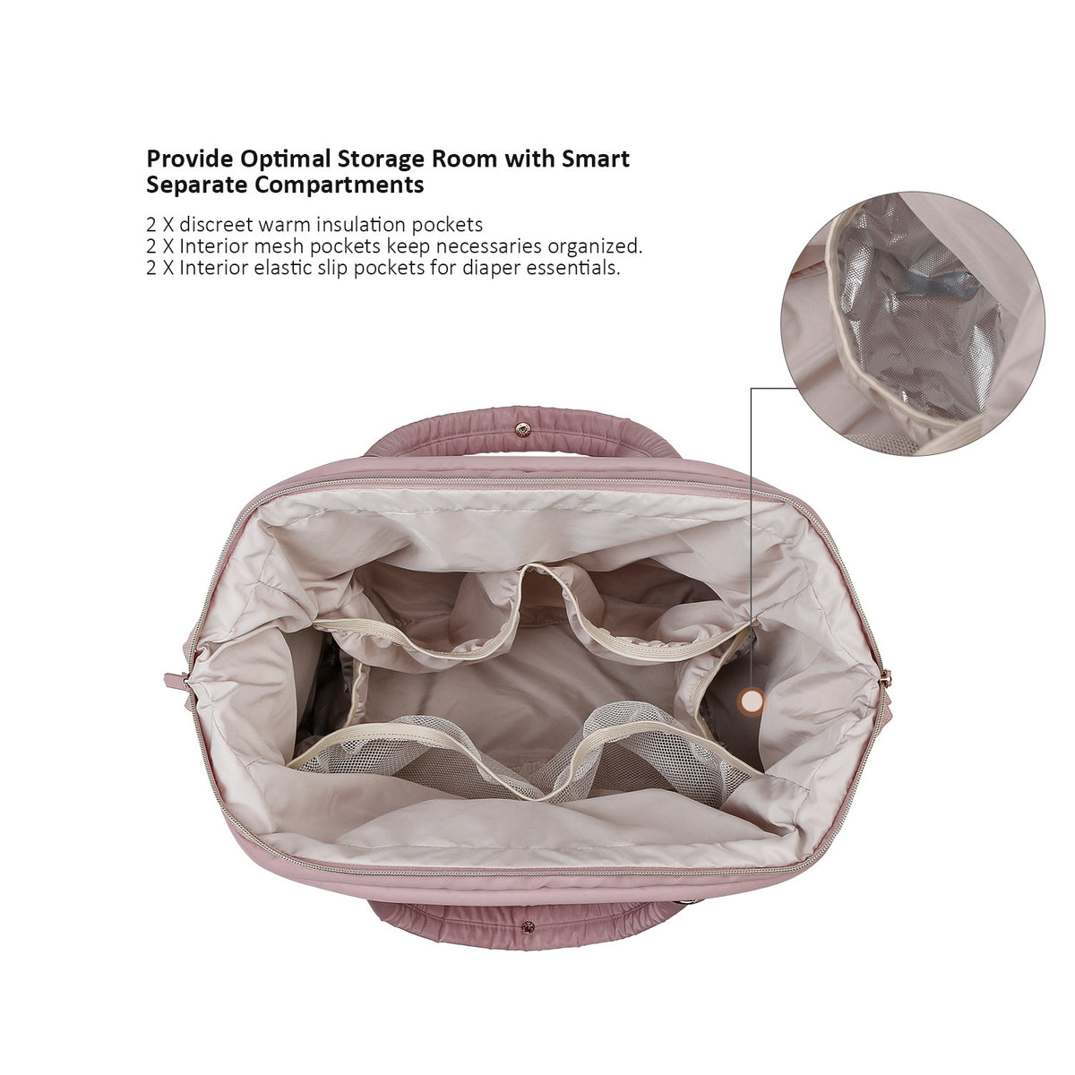 insulated diaper bag interior with two bottle pockets two mesh pockets and two elastic slip pockets