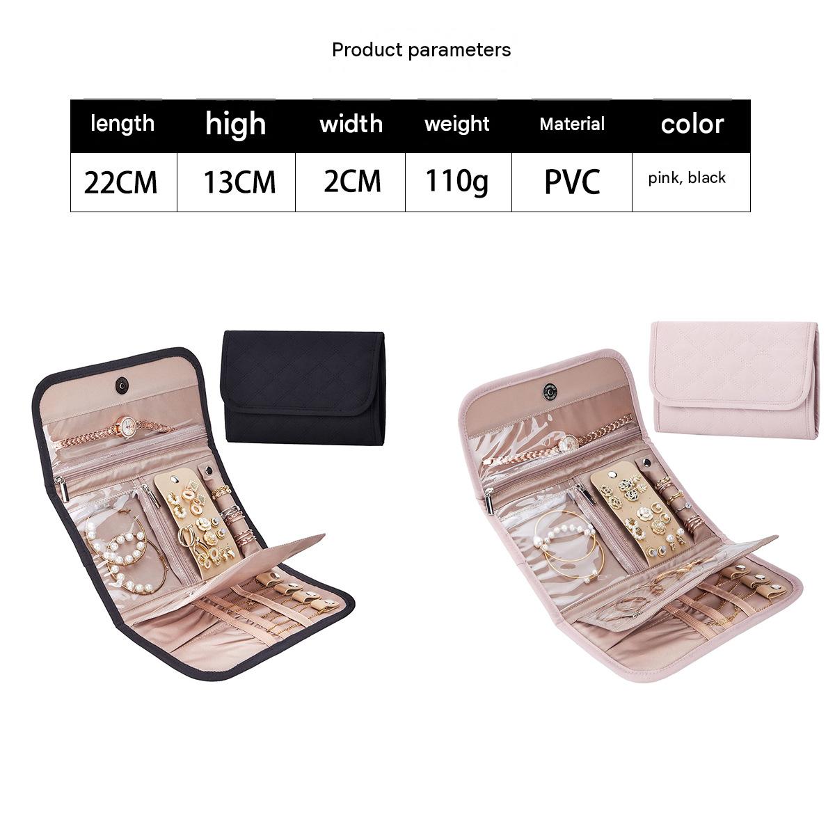 custom foldable jewelry organizer product chart showing black pink and green white styles with PVC pockets and reference specifications
