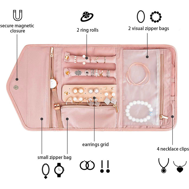 jewelry storage case with necklace holders and zipper pockets