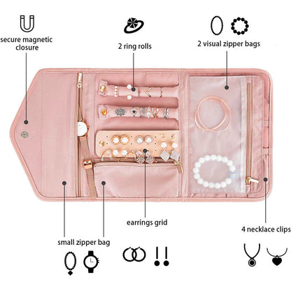 jewelry storage case with necklace holders and zipper pockets