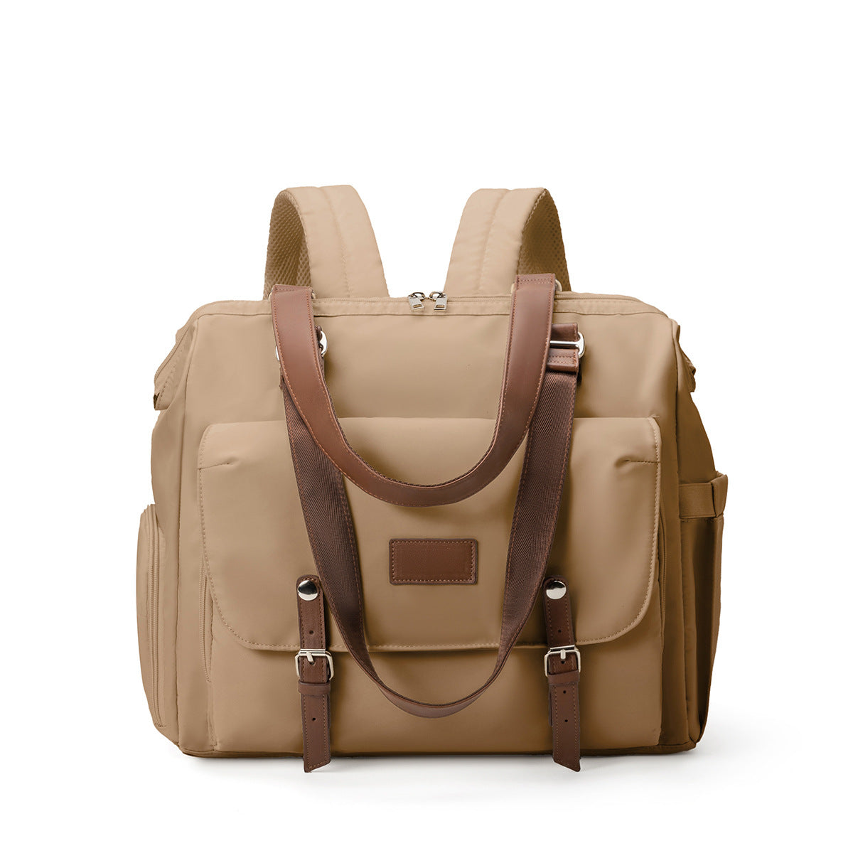 khaki convertible diaper bag tote backpack with brown shoulder handles front pocket and multiple side storage sections