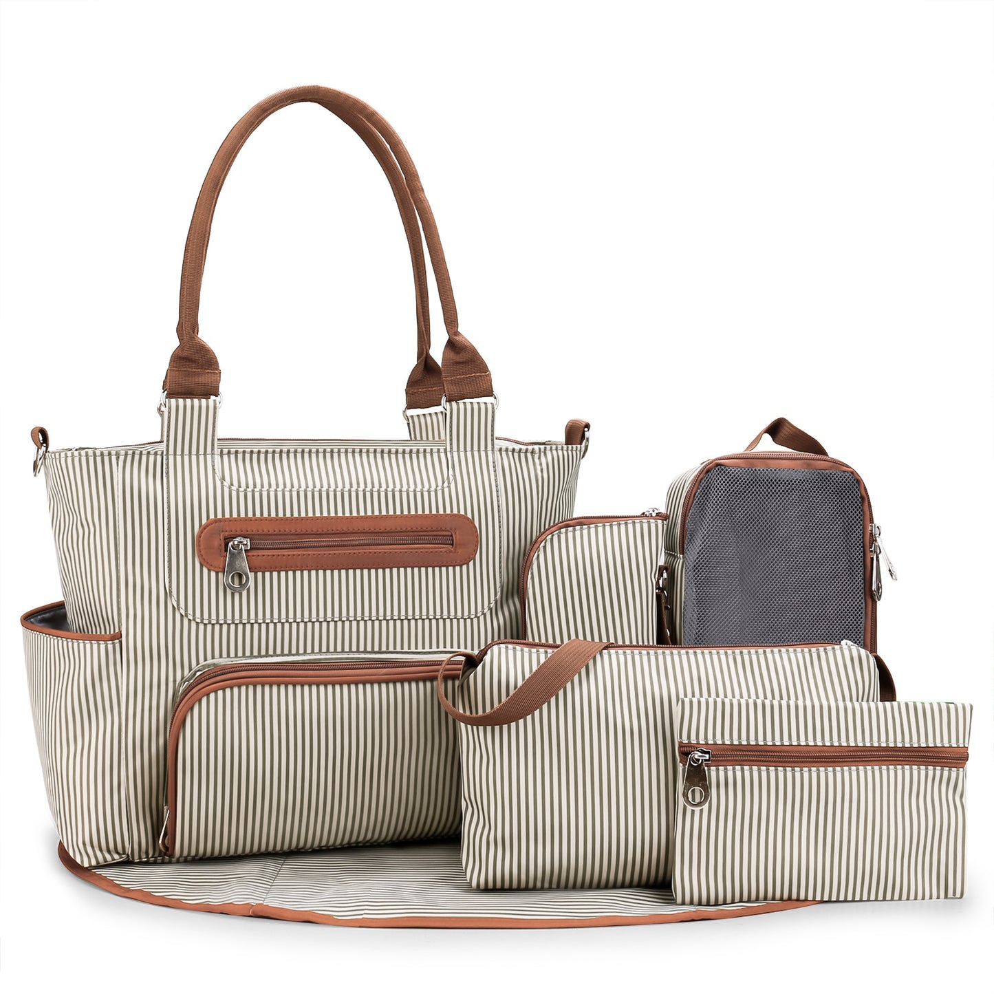 Khaki diaper bag tote with organizer accessories