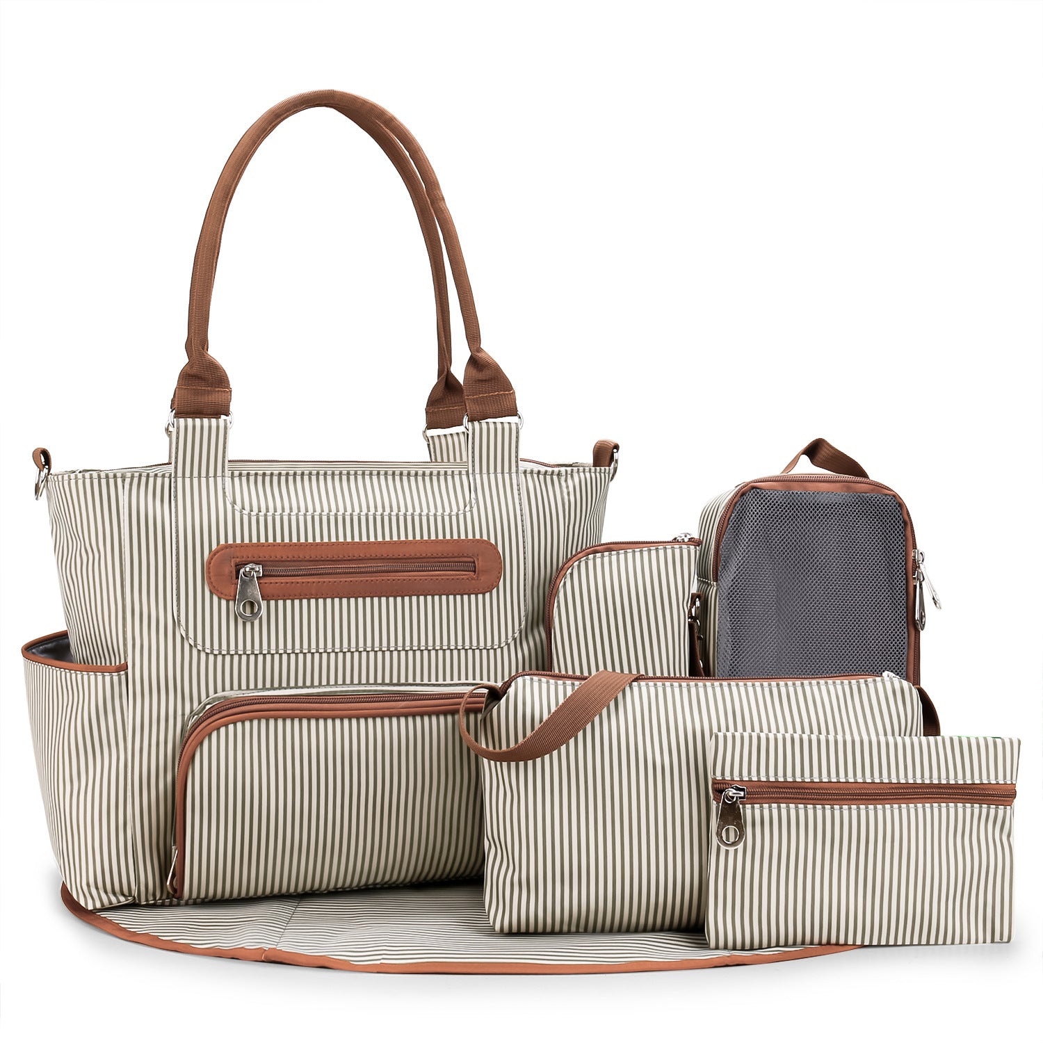 Khaki diaper bag tote with organizer accessories