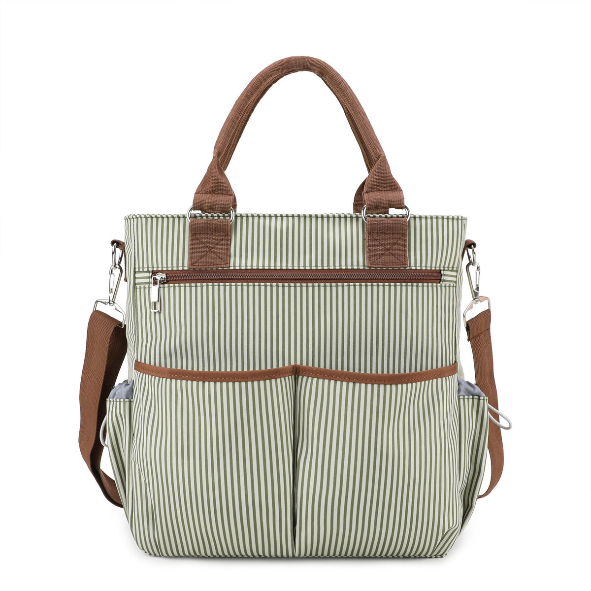 khaki polyester diaper tote bag front view with vertical stripe pattern zipper pocket and two large open organizer pockets