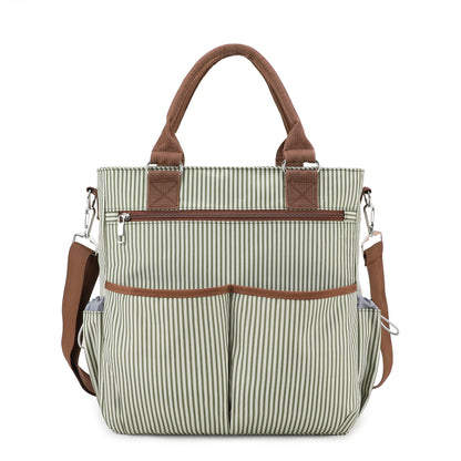 khaki polyester diaper tote bag front view with vertical stripe pattern zipper pocket and two large open organizer pockets