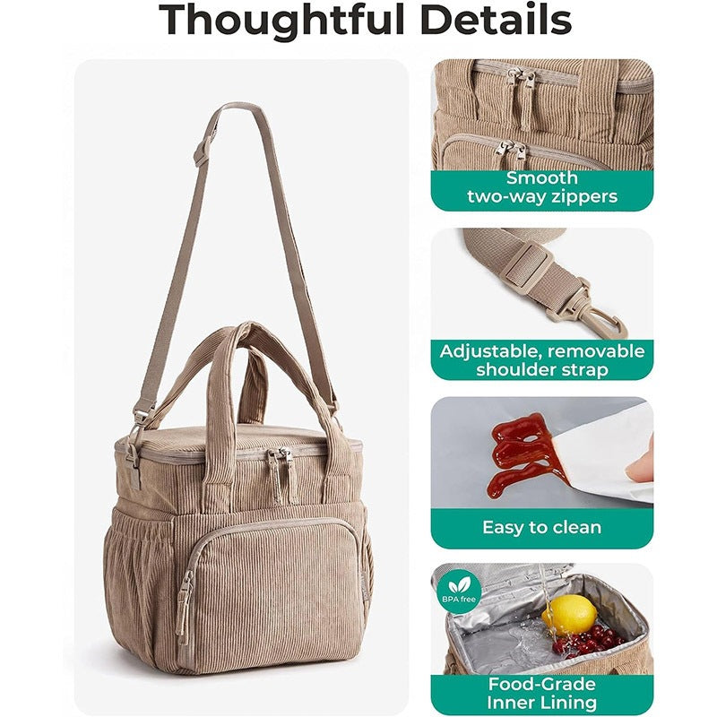 khaki lunch box cooler with front-opening insulated lower compartment packed with food containers and drinks