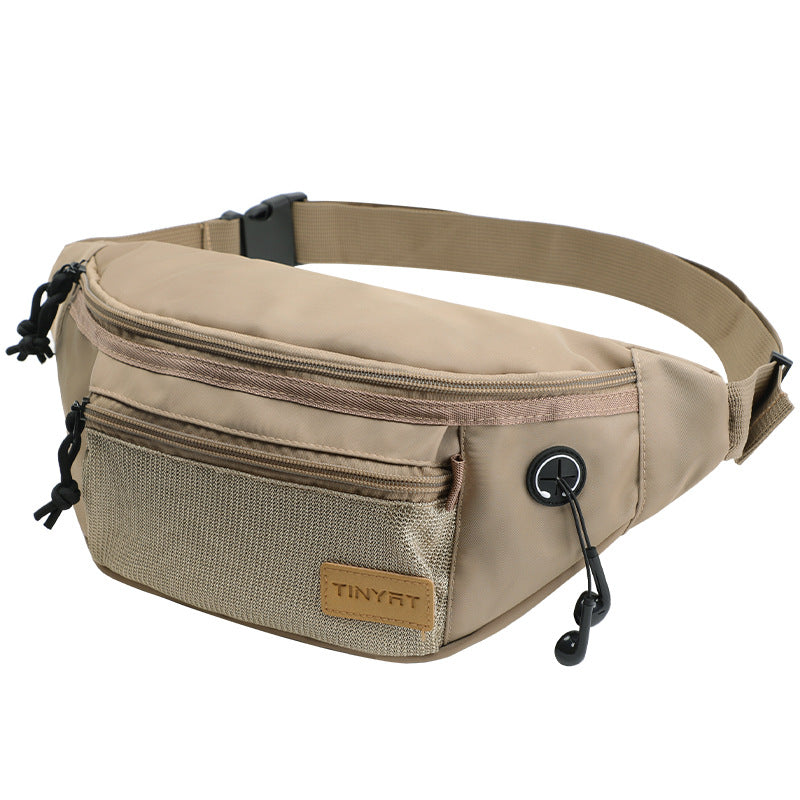 khaki waist pack bag with front mesh pocket and multiple zipper compartments