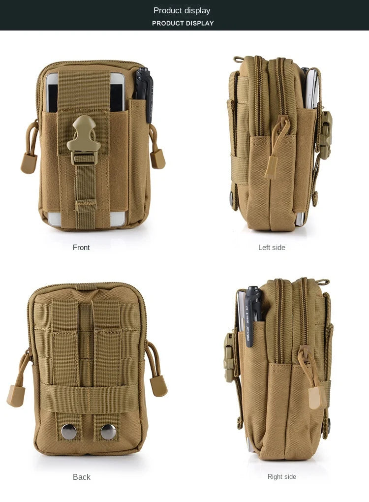 khaki molle tactical pouch shown from front left side back and right side with zippered compartments and rear attachment straps
