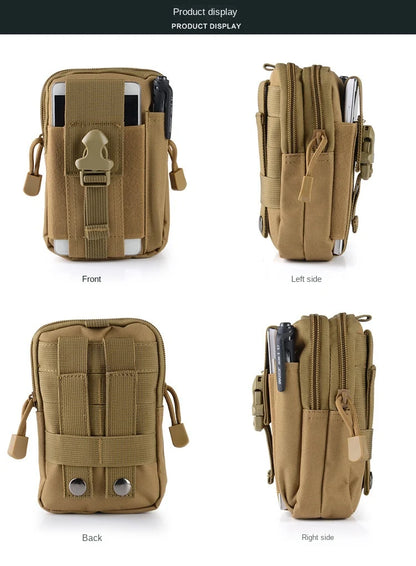 khaki molle tactical pouch shown from front left side back and right side with zippered compartments and rear attachment straps