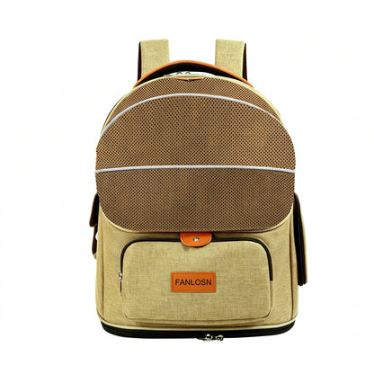 khaki pet carrier backpack with brown mesh window orange details and front storage pocket