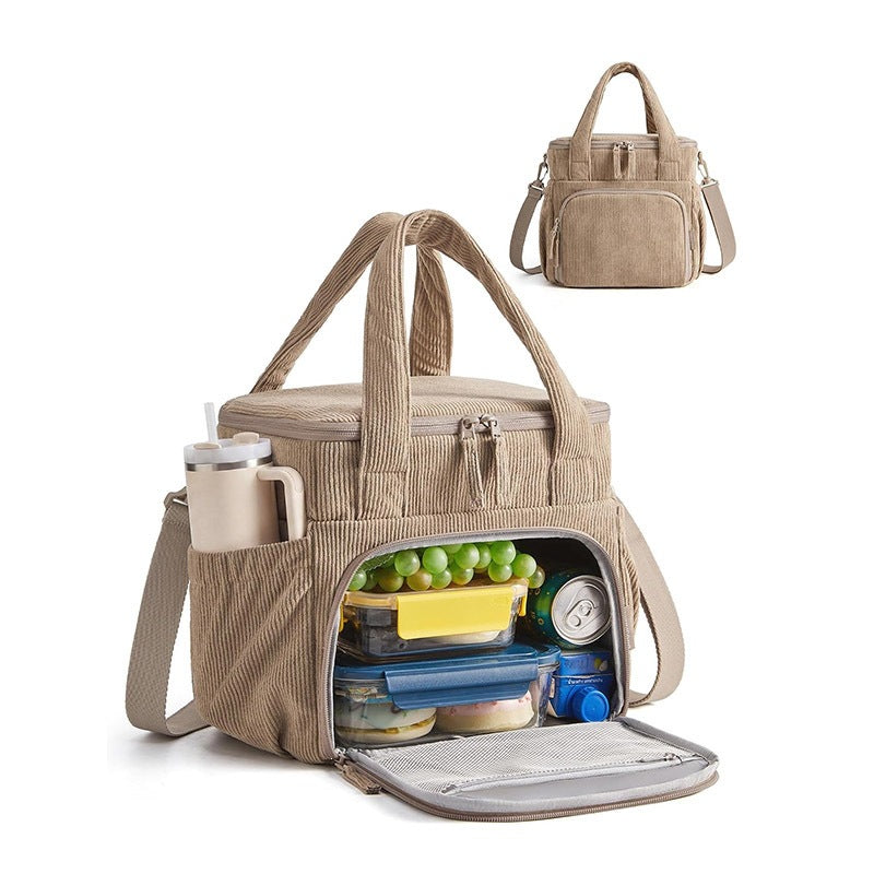 khaki soft insulated cooler with separate upper and lower food compartments side bottle pocket and shoulder strap