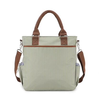 khaki striped diaper bag tote with brown top handles detachable shoulder strap two front slip pockets and front zipper