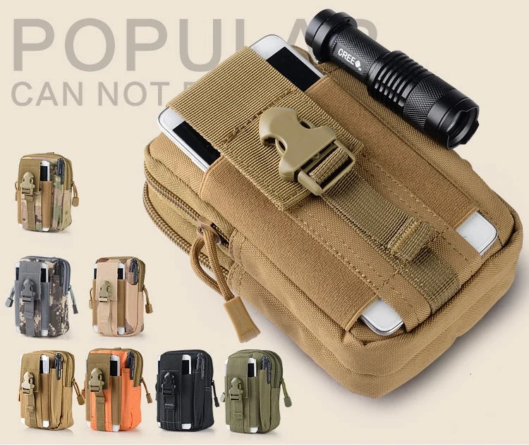 khaki tactical belt pouch with front phone and flashlight slots buckle strap and additional color options