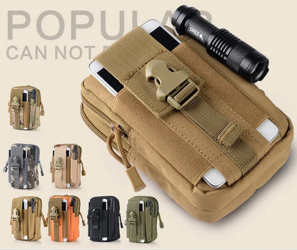 khaki tactical belt pouch with front phone and flashlight slots buckle strap and additional color options