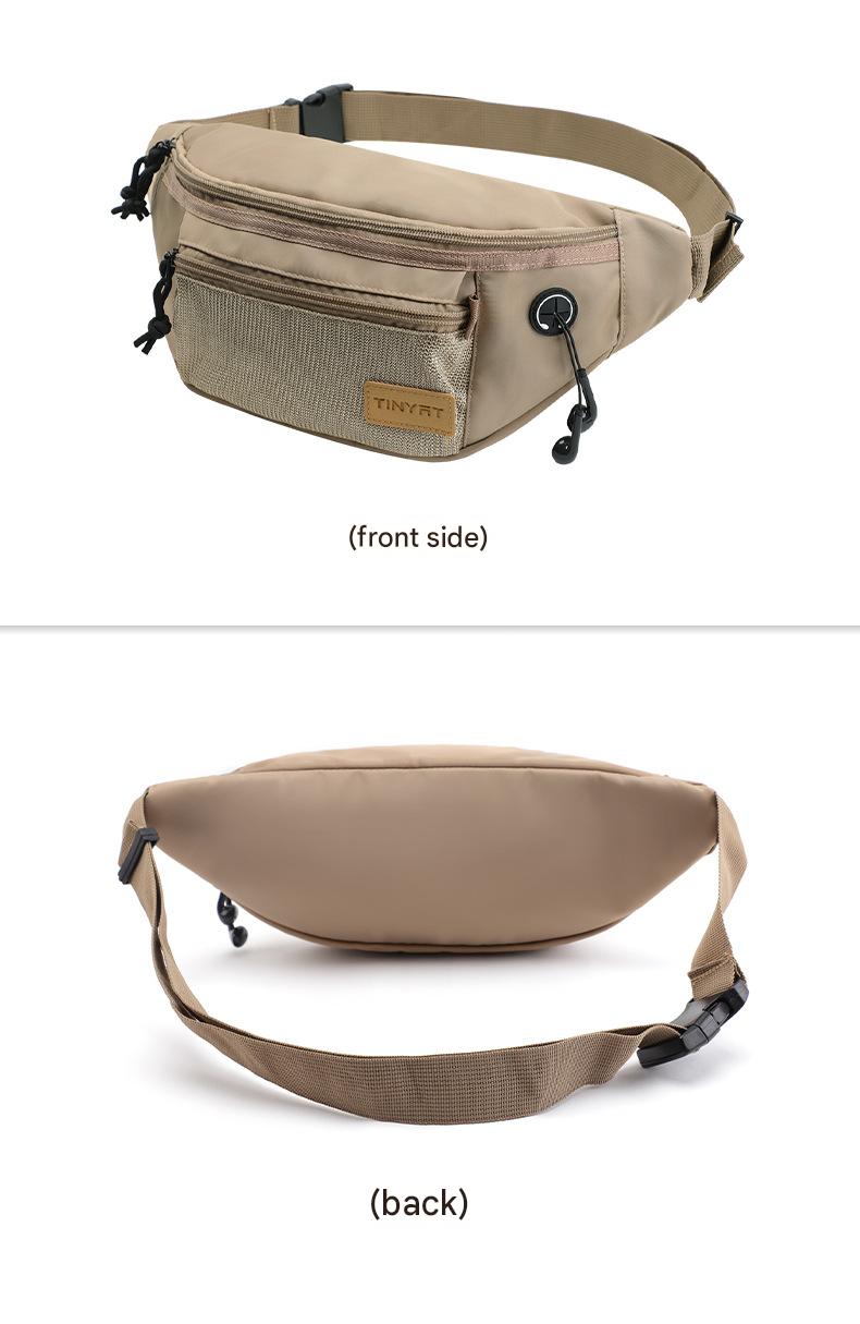 khaki waist bag front and back views showing mesh pocket and adjustable strap structure