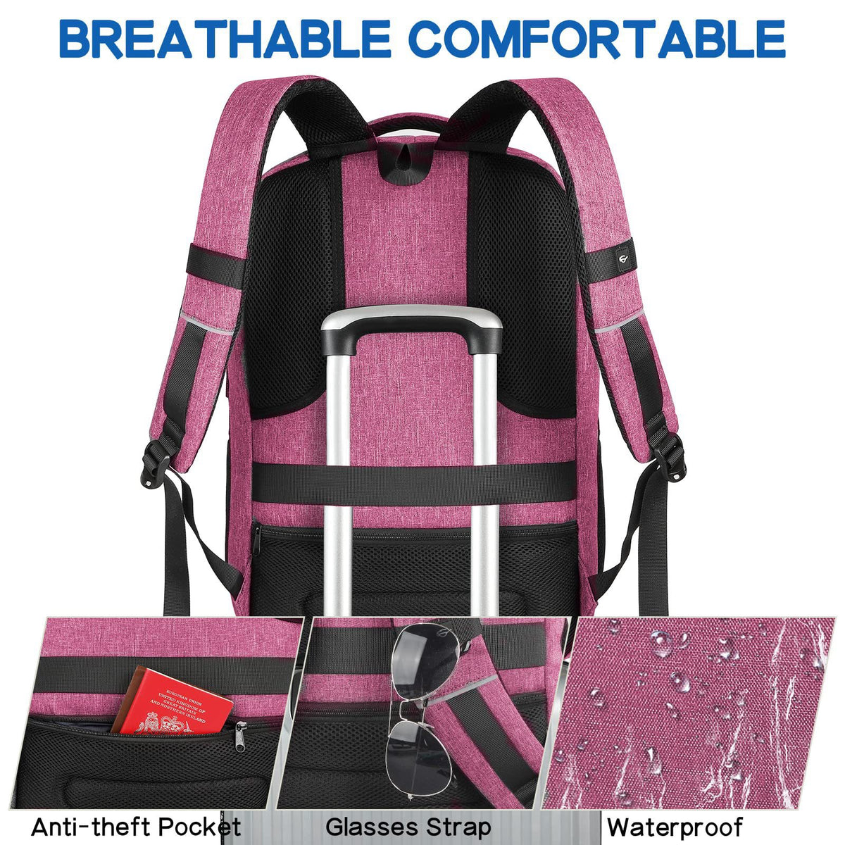 ladies travel backpack with breathable back padding luggage strap anti theft pocket and glasses strap