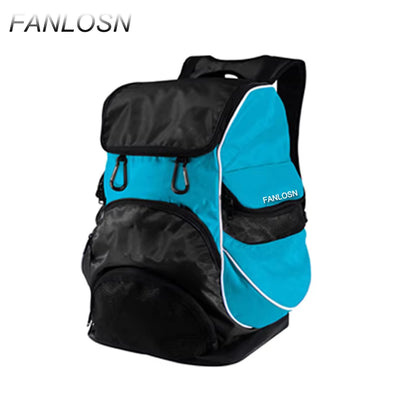 Lake blue and black private label swim backpack with front wet pocket, side mesh storage, two front attachment hooks and adjustable padded straps