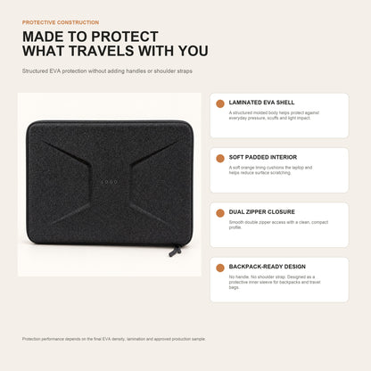 laminated eva laptop sleeve construction showing molded protective shell padded interior dual zipper closure and backpack-ready design