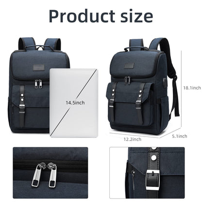 laptop backpack measuring 12.2 by 5.1 by 18.1 inches with storage shown for a 14.5 inch laptop