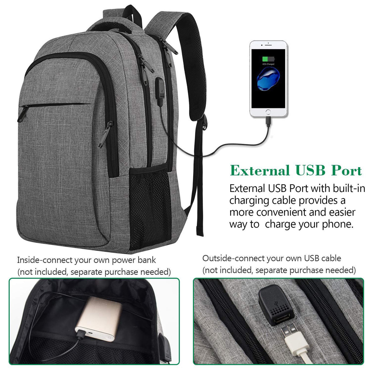 laptop backpack with external usb port and internal cable connection for user supplied power bank