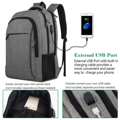 laptop backpack with external usb port and internal cable connection for user supplied power bank