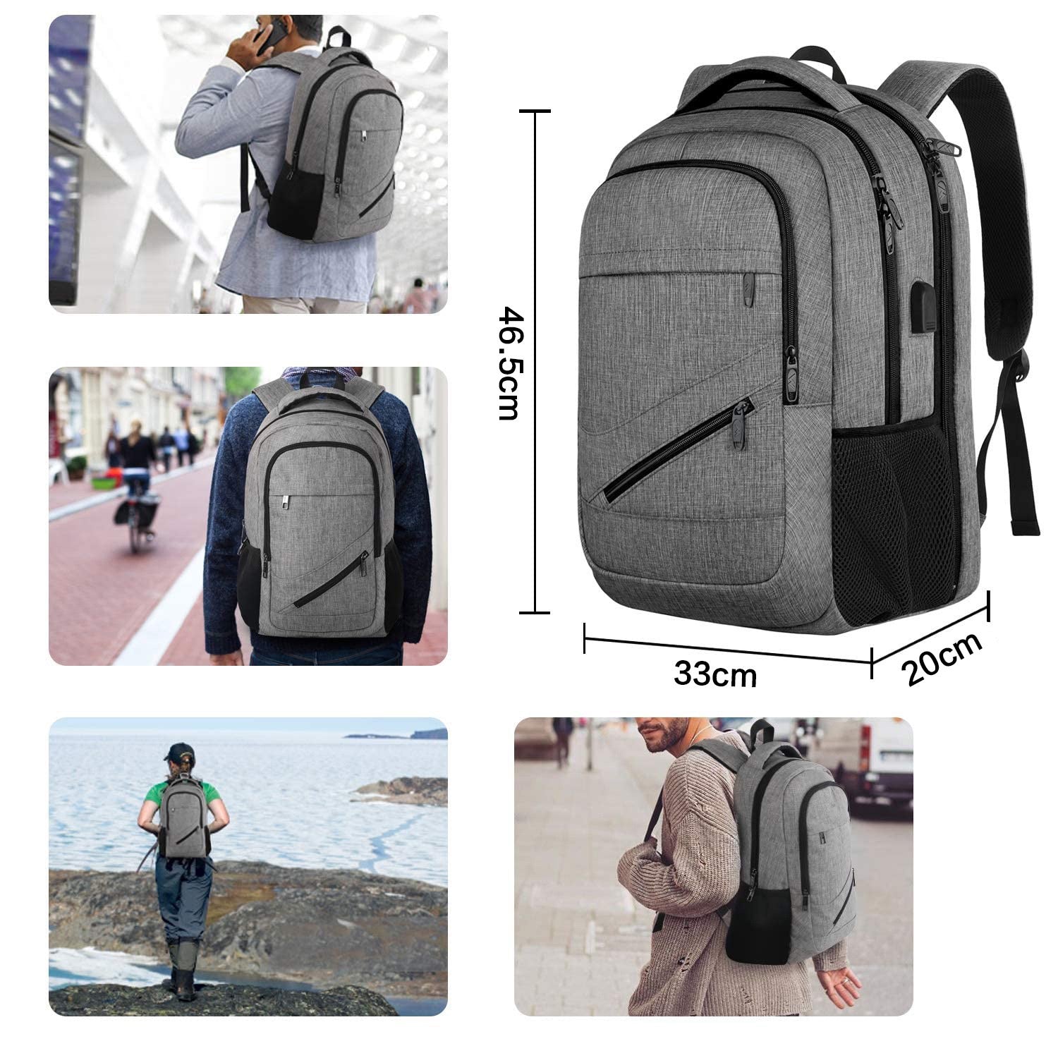 dark gray fanlosn 180° opening usb laptop backpack,custom,dimensions