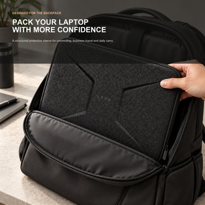 black laptop sleeve for backpack storage with molded eva shell shown sliding into a travel backpack for daily commuting