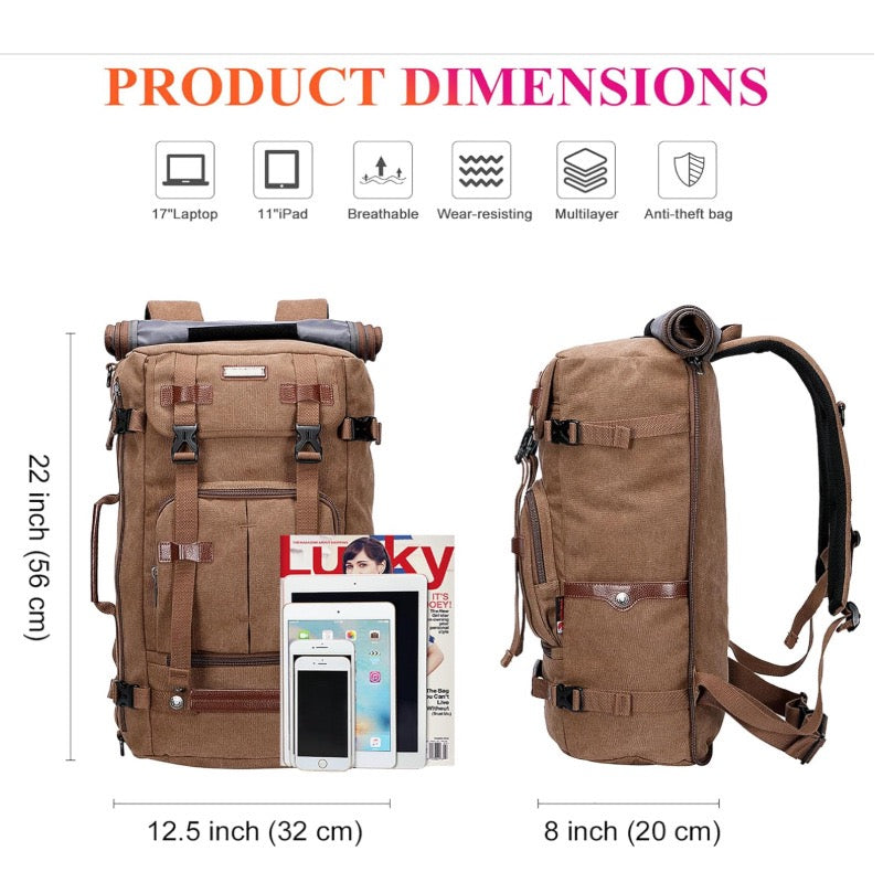 large capacity canvas carry on backpack with 17 inch laptop compartment