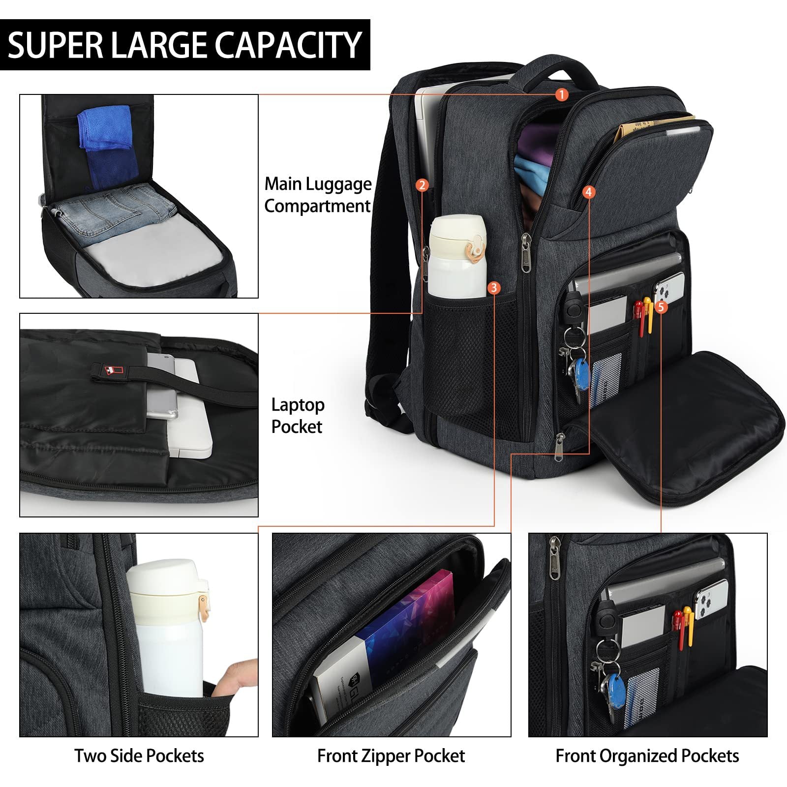 large capacity laptop backpack with main luggage compartment and organized pockets