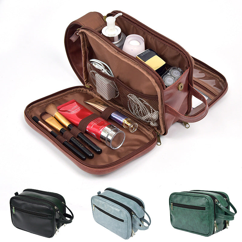 large capacity lay flat cosmetic bag with pu leather three layer storage design