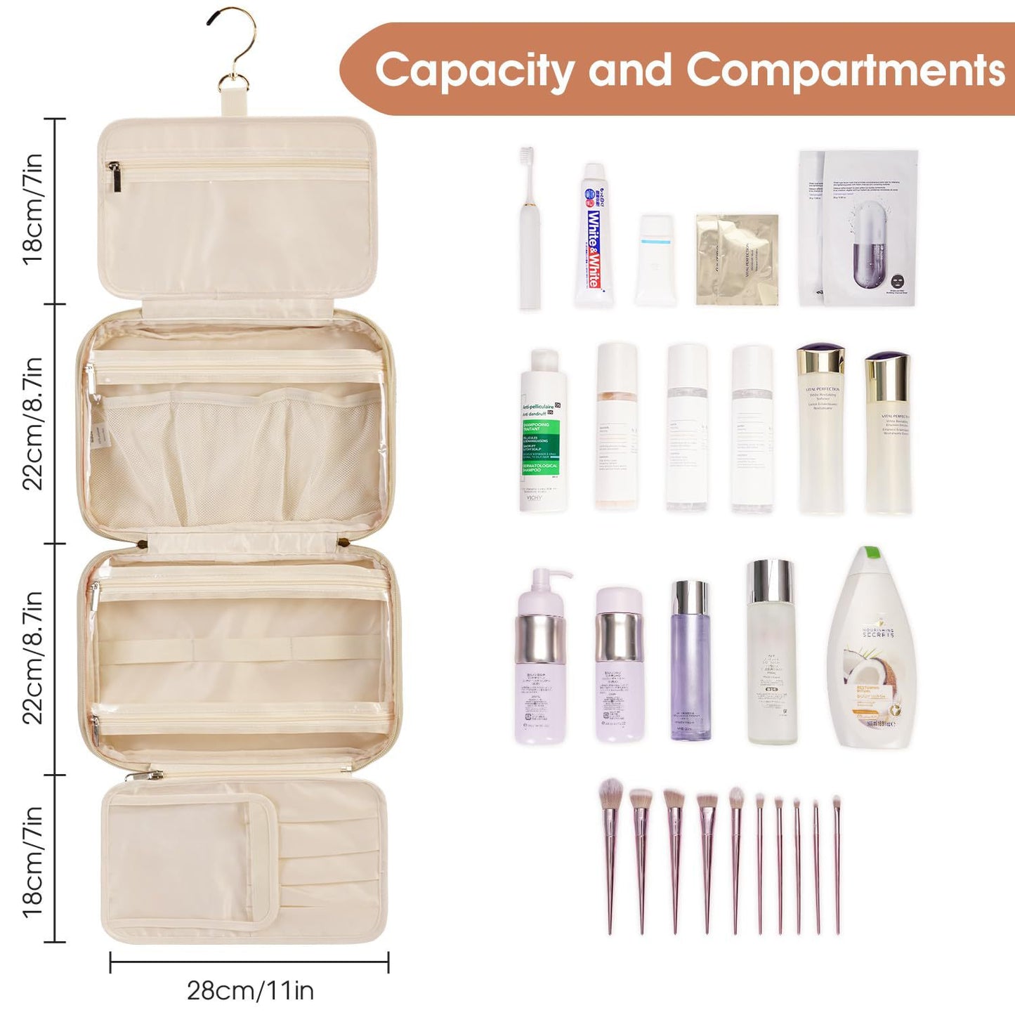 large capacity travel makeup storage case with multiple sections