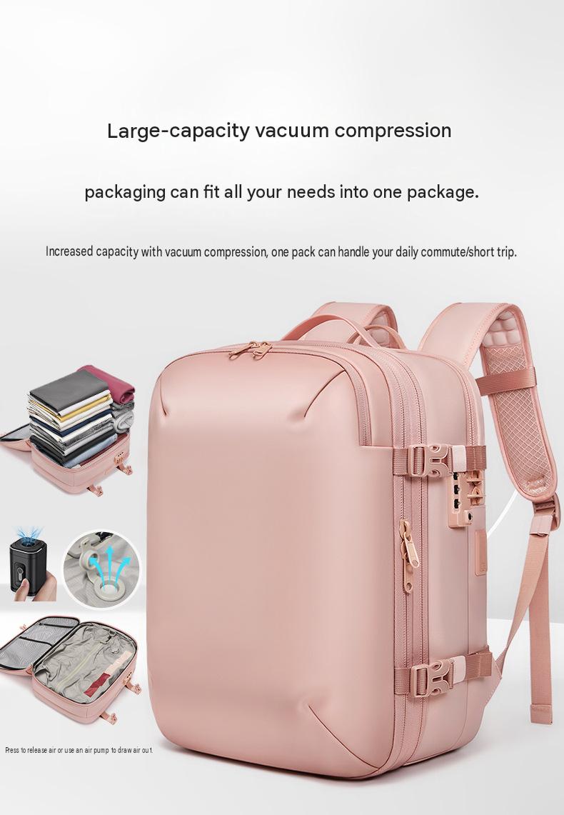 large capacity vacuum compression backpack showing clothing before and after air compression