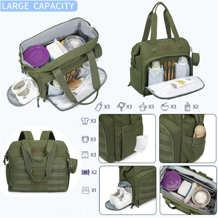 large diaper bag tote with open main compartment baby care supplies and front organizer with elastic bottle sleeves