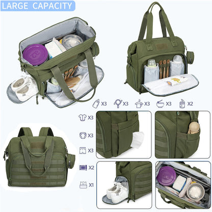 large diaper bag tote with open main compartment baby care supplies and front organizer with elastic bottle sleeves