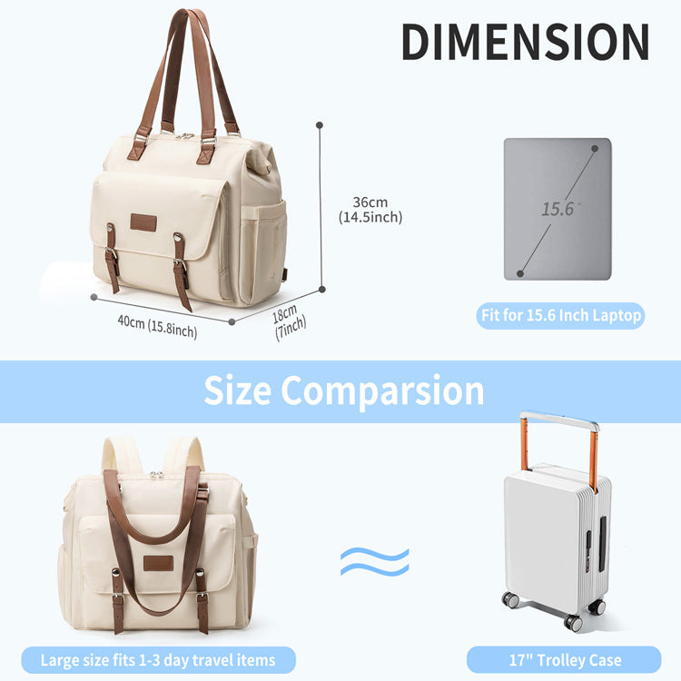 large diaper bag tote size guide showing approximate 40 cm width 18 cm depth and 36 cm height alongside tablet or laptop comparison