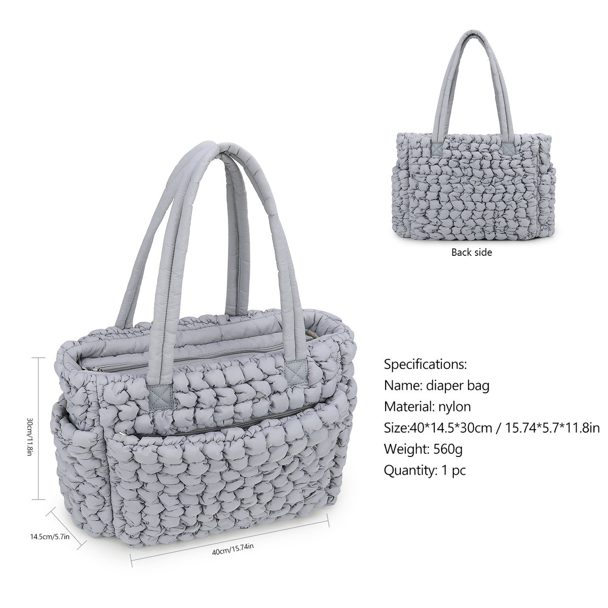 large diaper tote bag size 40 x 14.5 x 30 cm in gray quilted nylon
