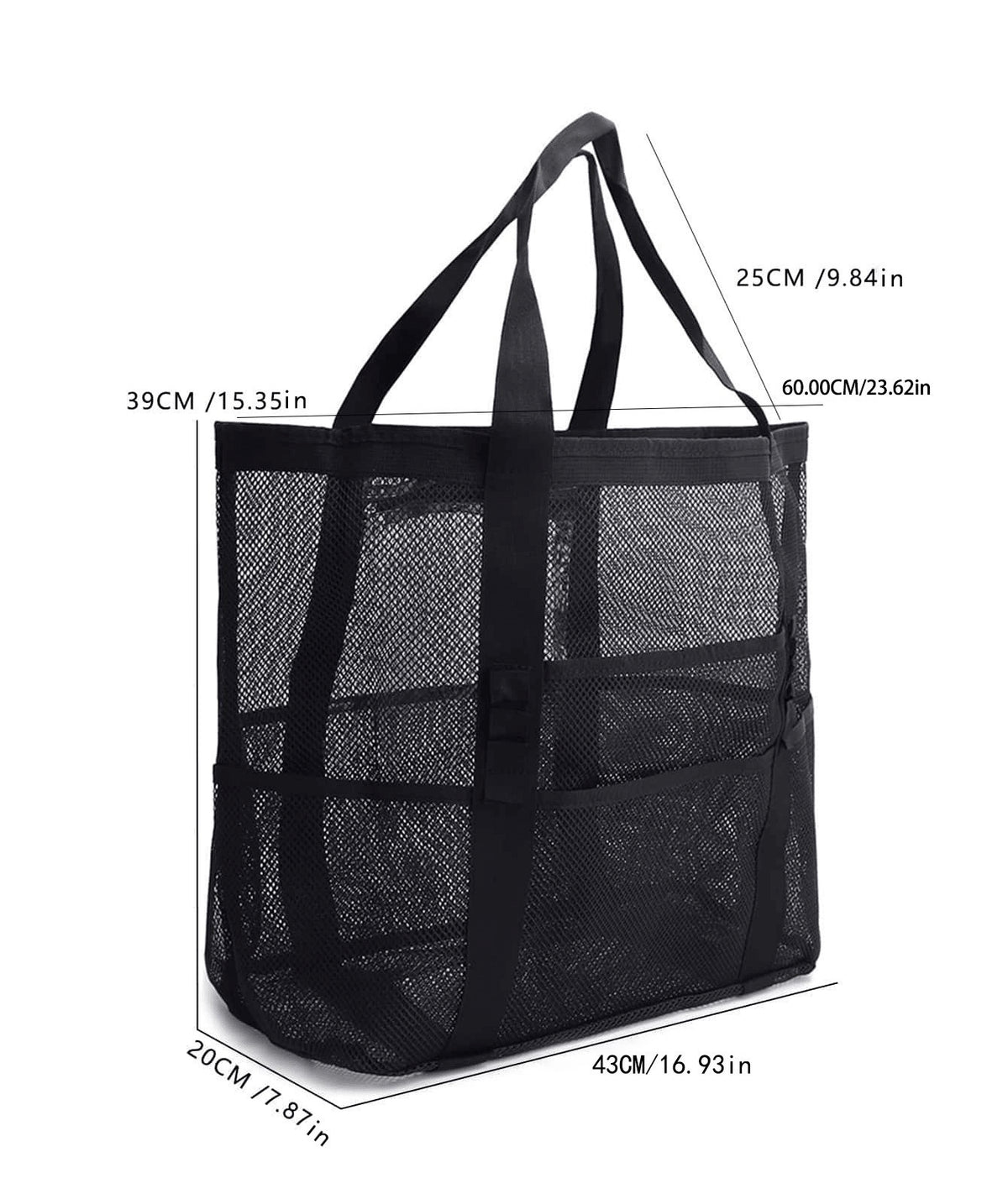 large mesh travel tote bag size 43 x 20 x 39 cm with 25 cm carry handles