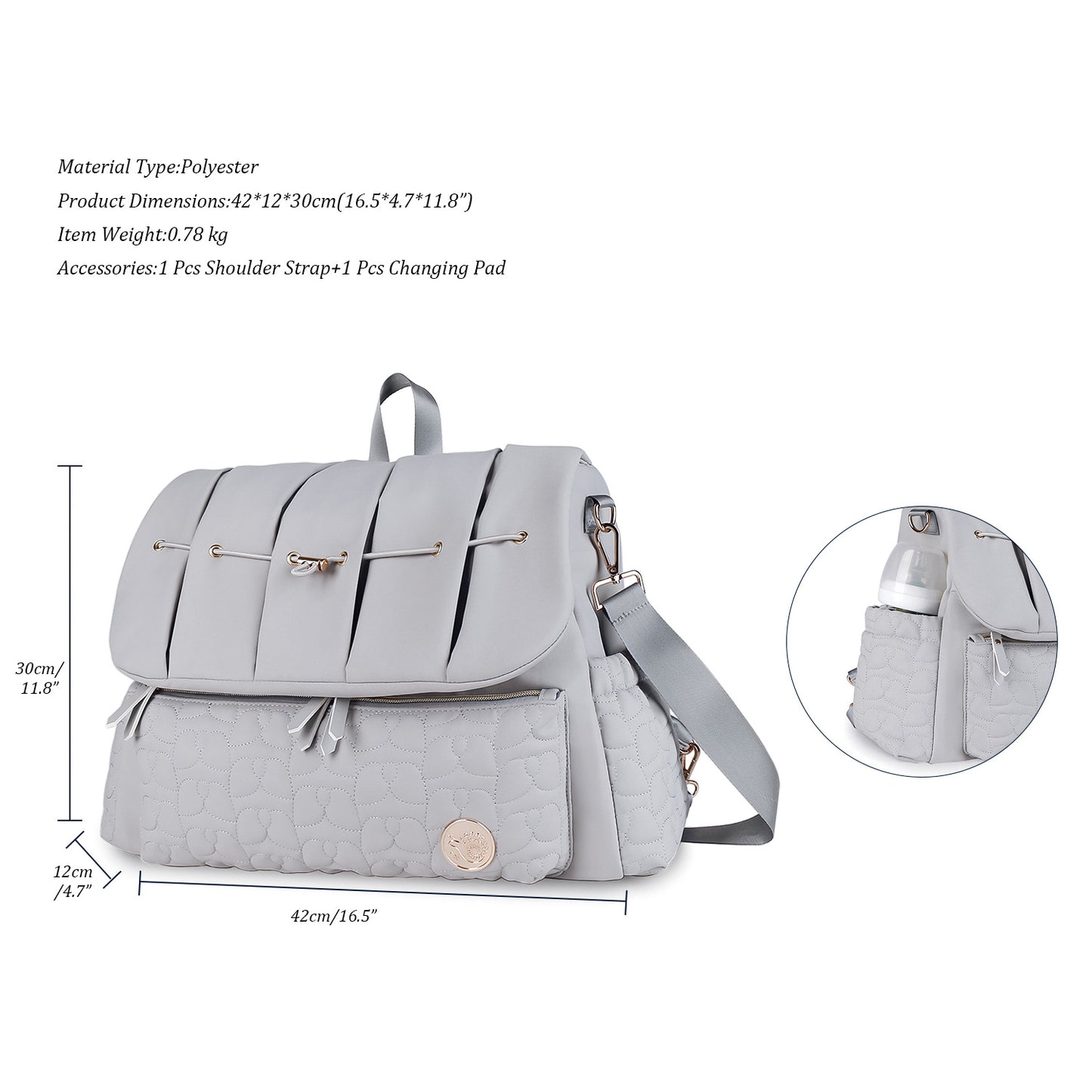 large capacity quilted diaper bag dimensions 42x12x30cm