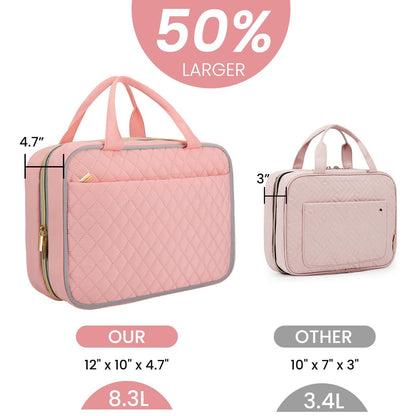 large quilted pink cosmetic bag size comparison for travel storage