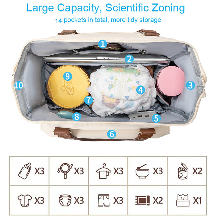 large travel diaper bag top view showing organized storage for diapers baby bottles clothes wipes and small family travel items