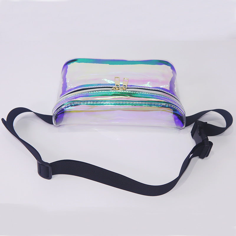 laser pvc waist pack bag with transparent body and adjustable black webbing strap