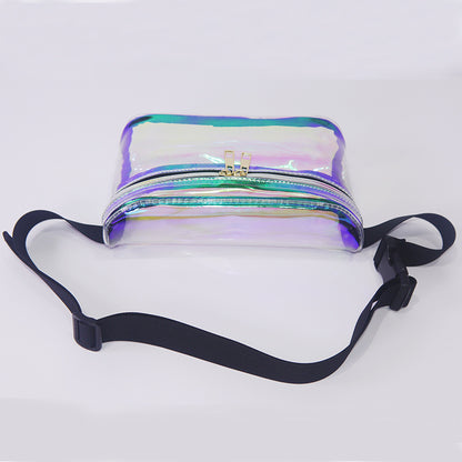 laser pvc waist pack bag with transparent body and adjustable black webbing strap
