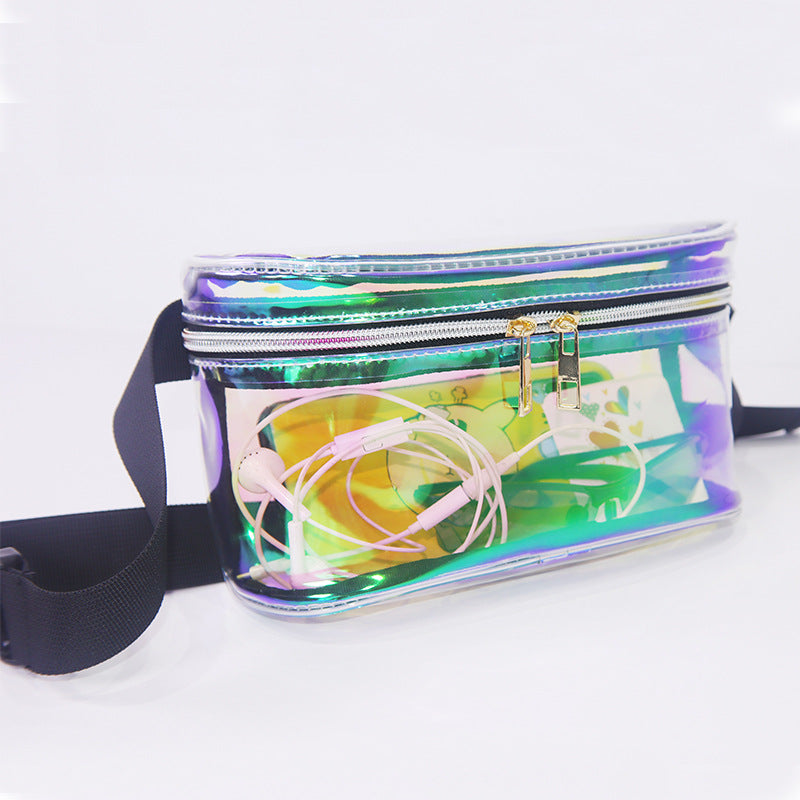 laser transparent pvc waist bag with dual zipper storage and visible accessories