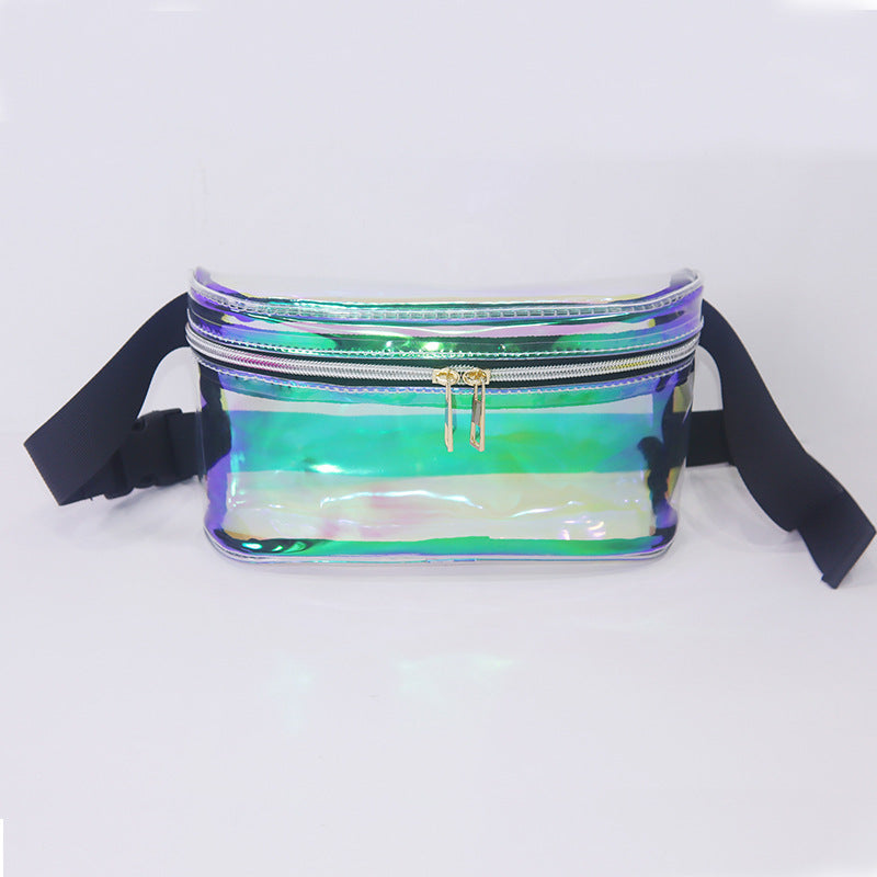 laser transparent waist bag with dual zipper front storage and adjustable black strap