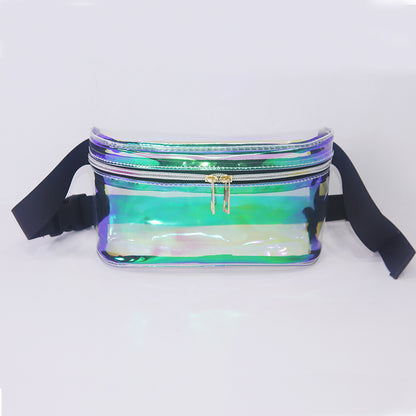 laser transparent waist bag with dual zipper front storage and adjustable black strap