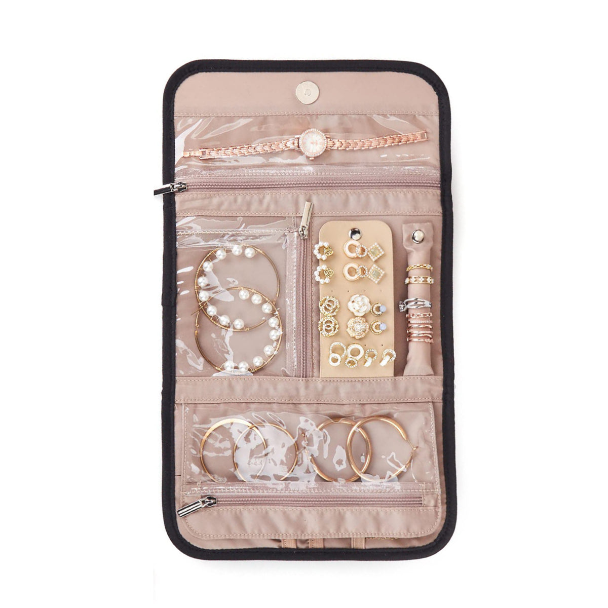 lay flat jewelry organizer with clear zipper pockets earring board ring holders bracelet straps and snap closure