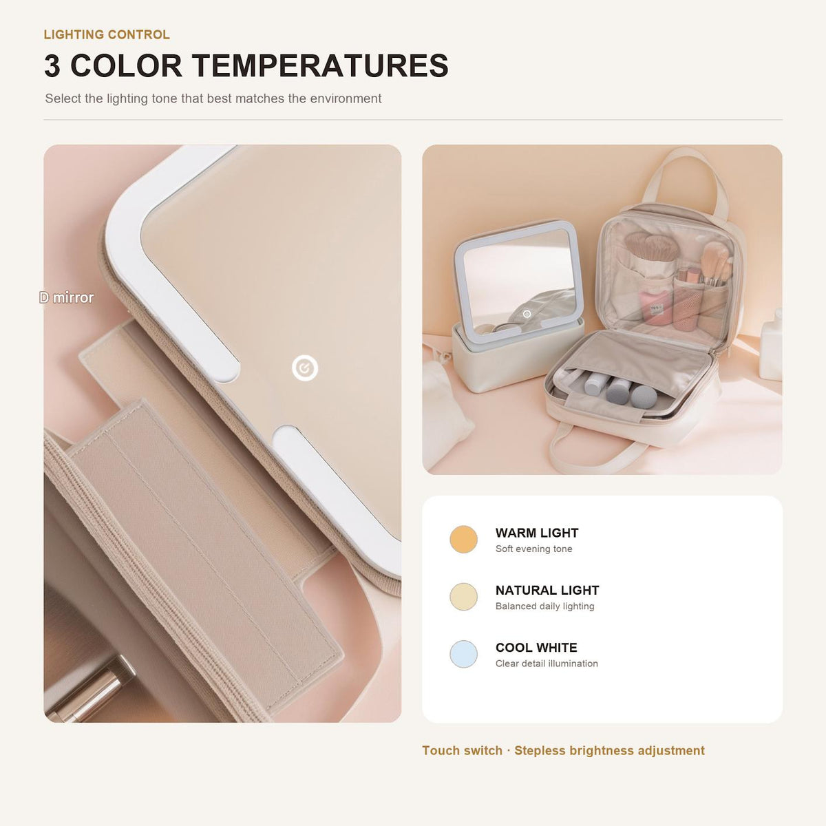 led makeup mirror with three lighting modes warm light natural light and cool white plus touch brightness control