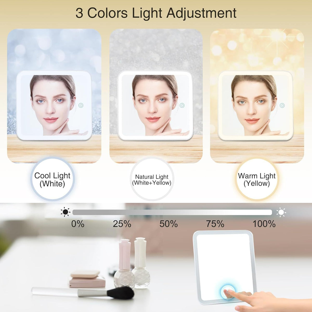 led makeup mirror showing cool white natural and warm yellow light modes with touch control and adjustable brightness