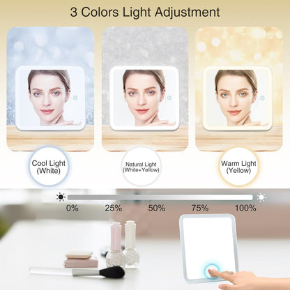 led makeup mirror showing cool white natural and warm yellow light modes with touch control and adjustable brightness